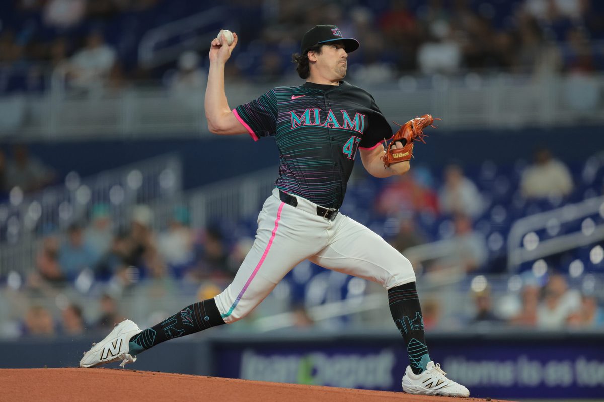 Jul 5, 2025; Miami, Florida, USA; Miami Marlins starting pitcher Cal Quantrill (47) delivers a pitch against the Milwaukee Brewers during the first inning at loanDepot Park. Mandatory Credit: Sam Navarro-Imagn Images