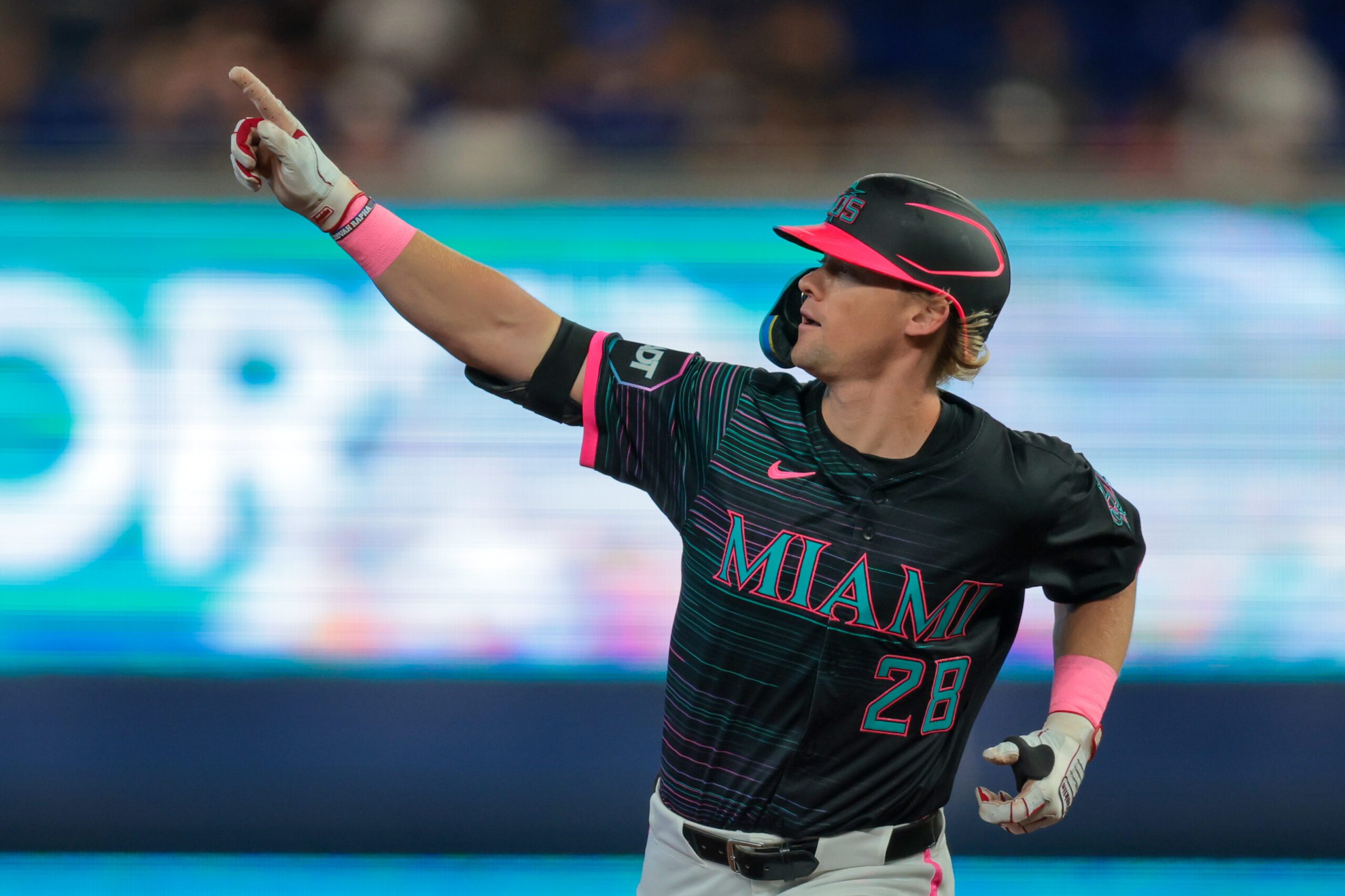 Jul 5, 2025; Miami, Florida, USA; Miami Marlins left fielder Kyle Stowers (28) circles the bases after hitting a solo home run against the Milwaukee Brewers during the second inning at loanDepot Park. Mandatory Credit: Sam Navarro-Imagn Images