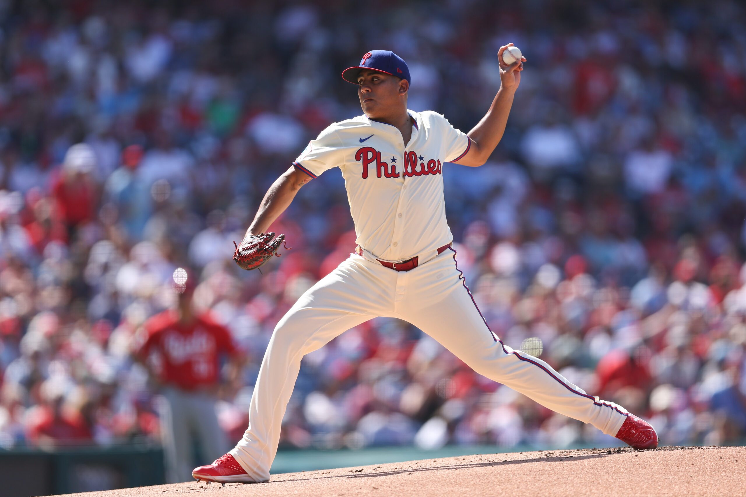 Jul 5, 2025; Philadelphia, Pennsylvania, USA; Philadelphia Phillies pitcher Ranger Suarez (55) throws a pitch during the first inning against the Cincinnati Reds at Citizens Bank Park. Mandatory Credit: Bill Streicher-Imagn Images