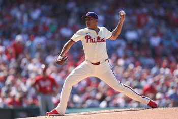 Jul 5, 2025; Philadelphia, Pennsylvania, USA; Philadelphia Phillies pitcher Ranger Suarez (55) throws a pitch during the first inning against the Cincinnati Reds at Citizens Bank Park. Mandatory Credit: Bill Streicher-Imagn Images