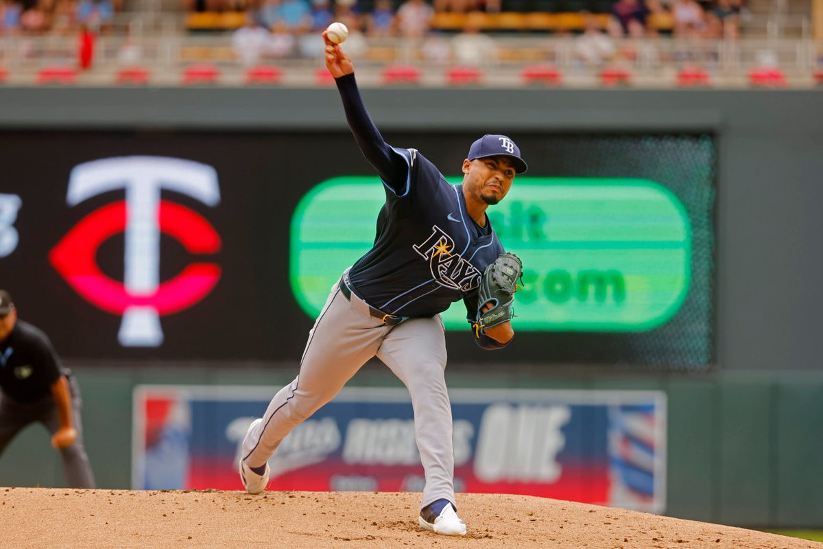 Jul 5, 2025; Minneapolis, Minnesota, USA; Tampa Bay Rays starting pitcher Taj Bradley (45) throws to the Minnesota Twins in the first inning at Target Field. Mandatory Credit: Bruce Kluckhohn-Imagn Images
