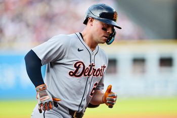 Jul 5, 2025; Cleveland, Ohio, USA; Detroit Tigers first baseman Spencer Torkelson (20) rounds the bases after hitting a home run during the second inning against the Cleveland Guardians at Progressive Field. Mandatory Credit: Ken Blaze-Imagn Images