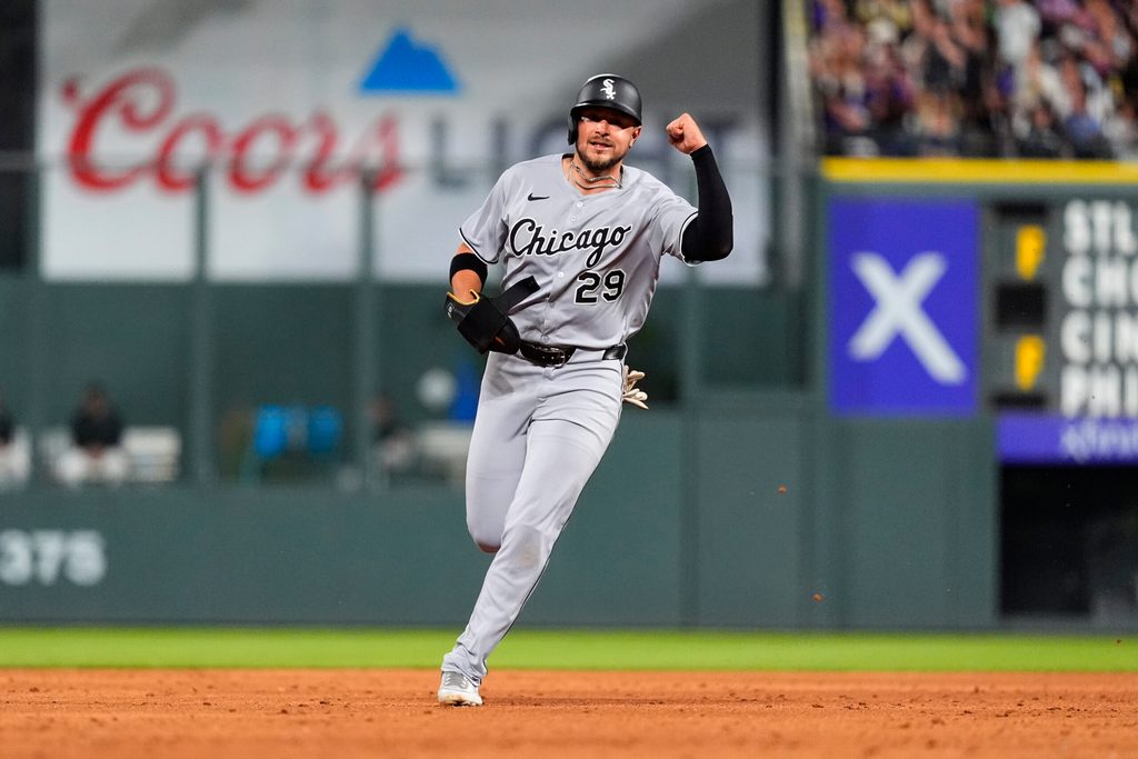 Jul 5, 2025; Denver, Colorado, USA; Chicago White Sox first base Ryan Noda (29) reacts in the ninth inning against the Colorado Rockies at Coors Field. Mandatory Credit: Ron Chenoy-Imagn Images