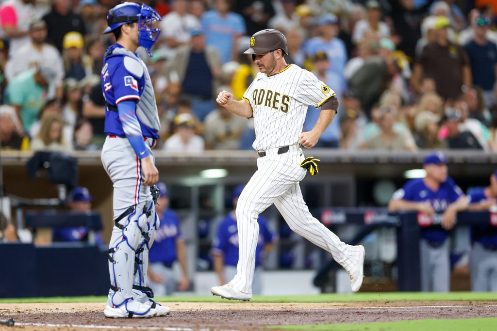 Jul 5, 2025; San Diego, California, USA; San Diego Padres designated hitter Trenton Brooks (41) scores a run during the seventh inning against the Texas Rangers at Petco Park. Mandatory Credit: David Frerker-Imagn Images