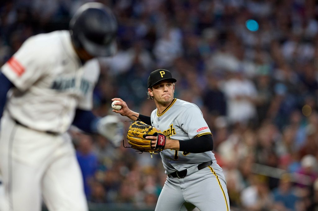 Jul 5, 2025; Seattle, Washington, USA; Pittsburgh Pirates pitcher Isaac Mattson (72) throws out Seattle Mariners designated hitter Jorge Polanco (7) on a ground ball during the seventh inning at T-Mobile Park. Mandatory Credit: John Froschauer-Imagn Images