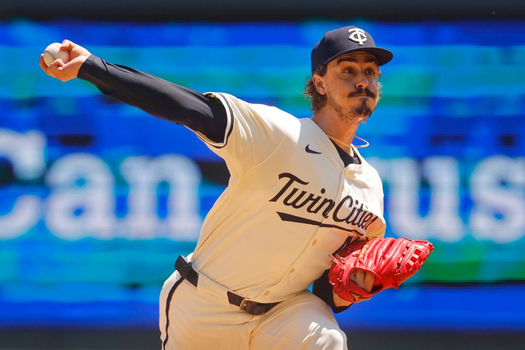 Jul 6, 2025; Minneapolis, Minnesota, USA; Minnesota Twins starting pitcher Joe Ryan (41) throws to the Tampa Bay Rays in the first inning at Target Field. Mandatory Credit: Bruce Kluckhohn-Imagn Images