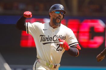 Jul 6, 2025; Minneapolis, Minnesota, USA; Minnesota Twins center fielder Byron Buxton (25) runs the bases on his solo home run in the first inning at Target Field. Mandatory Credit: Bruce Kluckhohn-Imagn Images