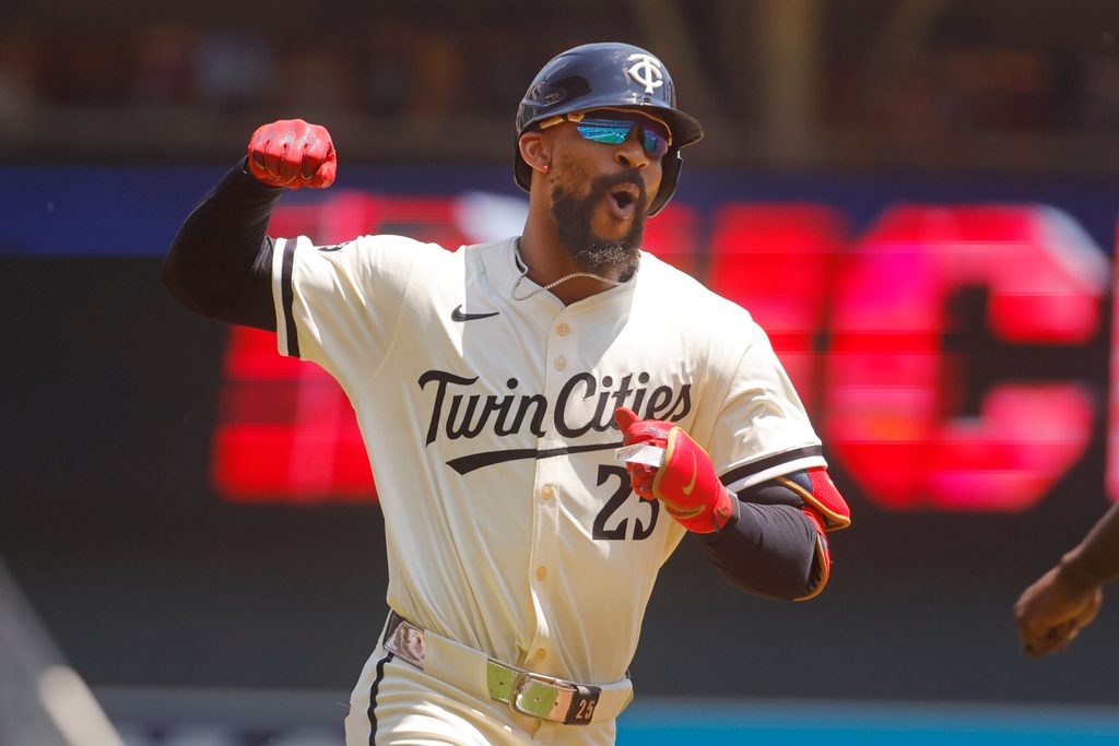 Jul 6, 2025; Minneapolis, Minnesota, USA; Minnesota Twins center fielder Byron Buxton (25) runs the bases on his solo home run in the first inning at Target Field. Mandatory Credit: Bruce Kluckhohn-Imagn Images