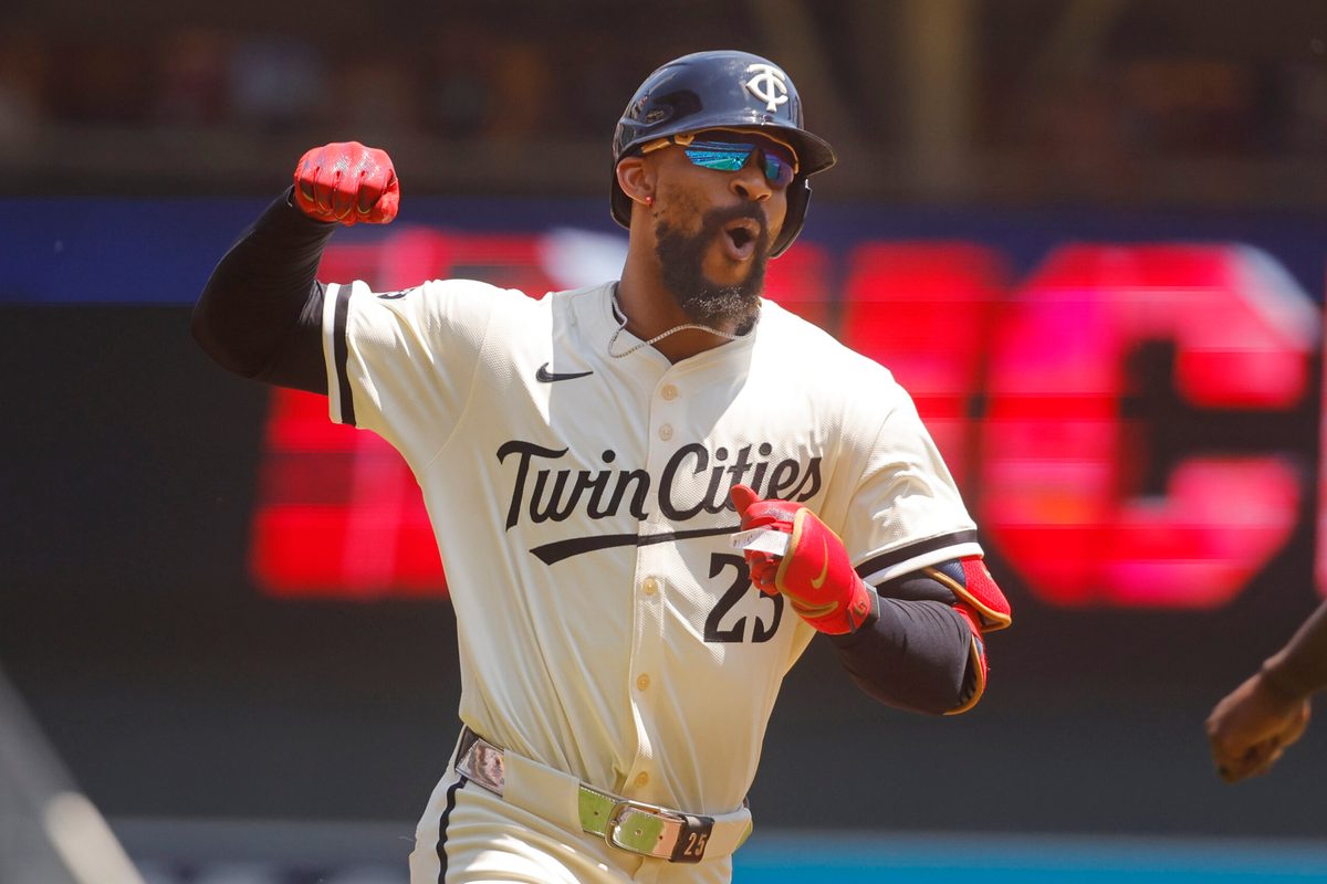 Jul 6, 2025; Minneapolis, Minnesota, USA; Minnesota Twins center fielder Byron Buxton (25) runs the bases on his solo home run in the first inning at Target Field. Mandatory Credit: Bruce Kluckhohn-Imagn Images