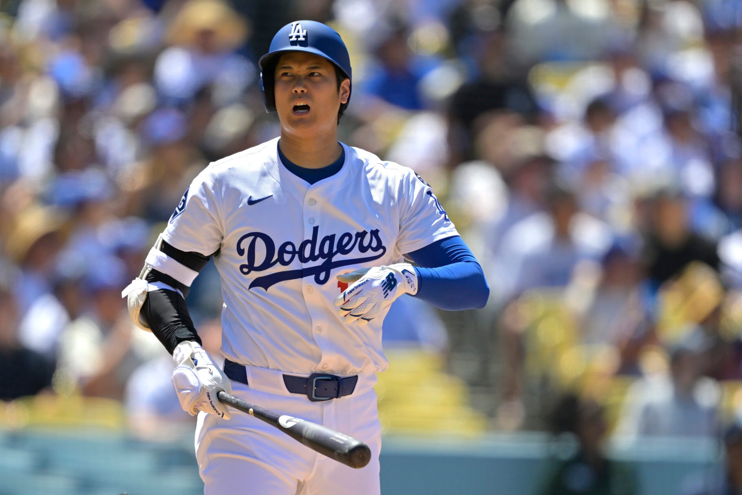 Jul 6, 2025; Los Angeles, California, USA;  Los Angeles Dodgers designated hitter Shohei Ohtani (17) reacts after a foul ball in the sixth inning against the Houston Astros at Dodger Stadium. Mandatory Credit: Jayne Kamin-Oncea-Imagn Images