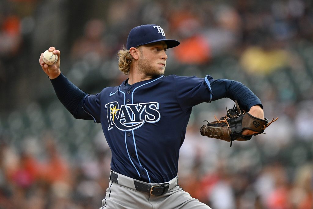 Jul 7, 2025; Detroit, Michigan, USA; Tampa Bay Rays starting pitcher Shane Baz (11) throws a pitch against the Detroit Tigers in the first inning at Comerica Park. Mandatory Credit: Lon Horwedel-Imagn Images
