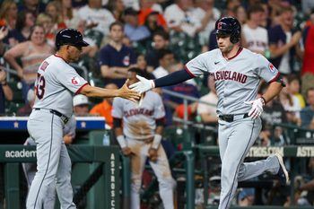 Jul 7, 2025; Houston, Texas, USA;  Cleveland Guardians third base and infield coach Rouglas Odor (53) celebrates with designated hitter David Fry (6) after his home run against the Houston Astros in the ninth inning at Daikin Park. Mandatory Credit: Thomas Shea-Imagn Images