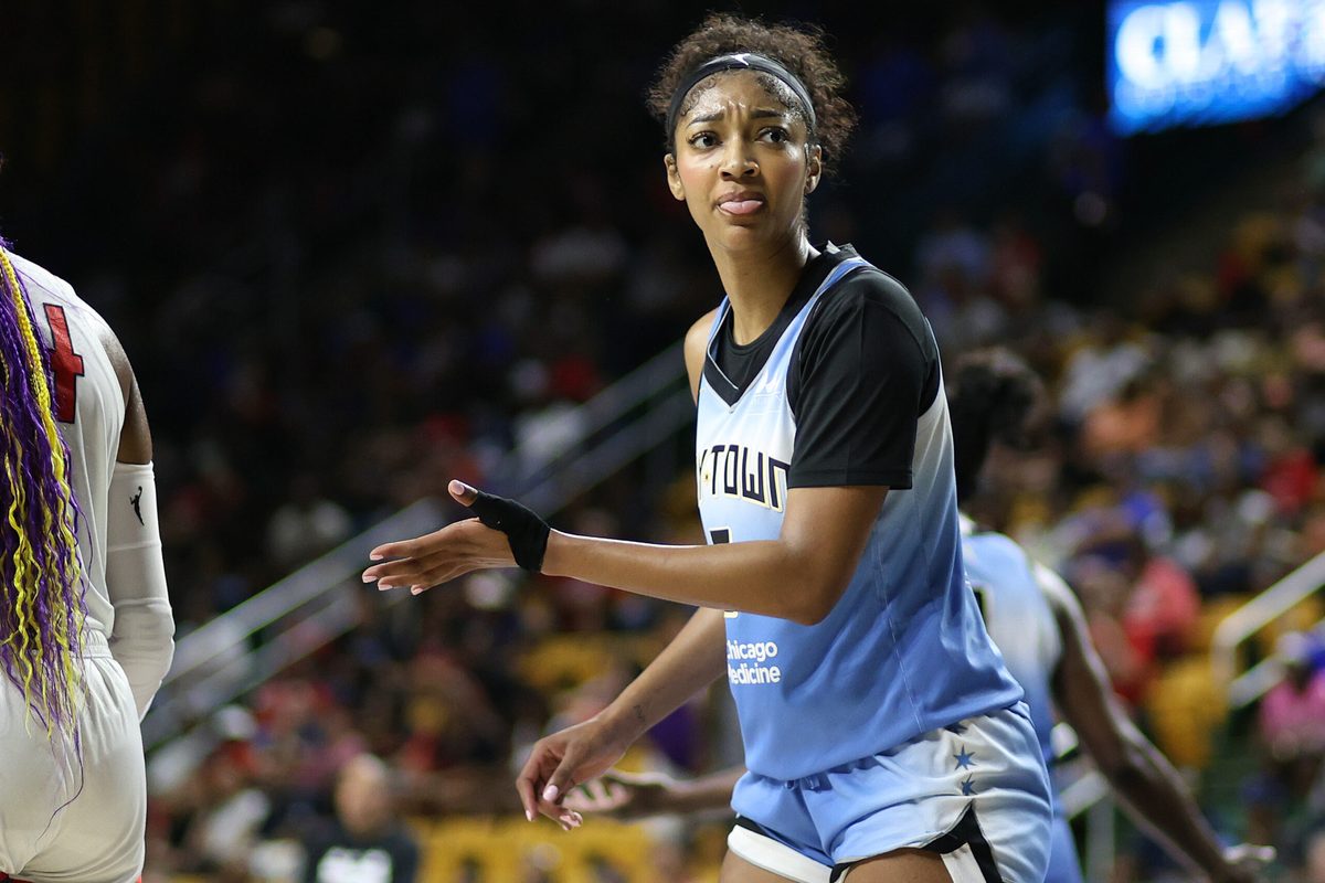 Jul 8, 2025; Fairfax, Virginia, USA; Chicago Sky forward Angel Reese (5) looks on during the first half against the Washington Mystics at EagleBank Arena. Mandatory Credit: Daniel Kucin Jr.-Imagn Images