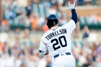 Jul 8, 2025; Detroit, Michigan, USA;  Detroit Tigers first baseman Spencer Torkelson (20) celebrates after he hits a home run in the fourth inning against the Tampa Bay Rays at Comerica Park. Mandatory Credit: Rick Osentoski-Imagn Images
