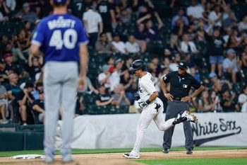 Jul 8, 2025; Chicago, Illinois, USA; Chicago White Sox third baseman Josh Rojas (5) rounds the bases after hitting a solo home run against the Toronto Blue Jays during the sixth inning at Rate Field. Mandatory Credit: Kamil Krzaczynski-Imagn Images
