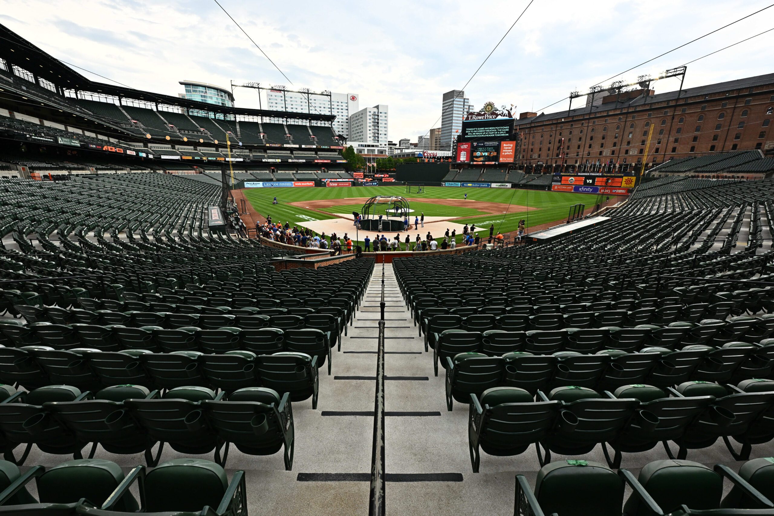 Jul 9, 2025; Baltimore, Maryland, USA; A general view of the stadium at Oriole Park at Camden Yards. The game between the Baltimore Orioles and the New York Mets is postponed due to forecasted inclement weather. Mandatory Credit: James A. Pittman-Imagn Images