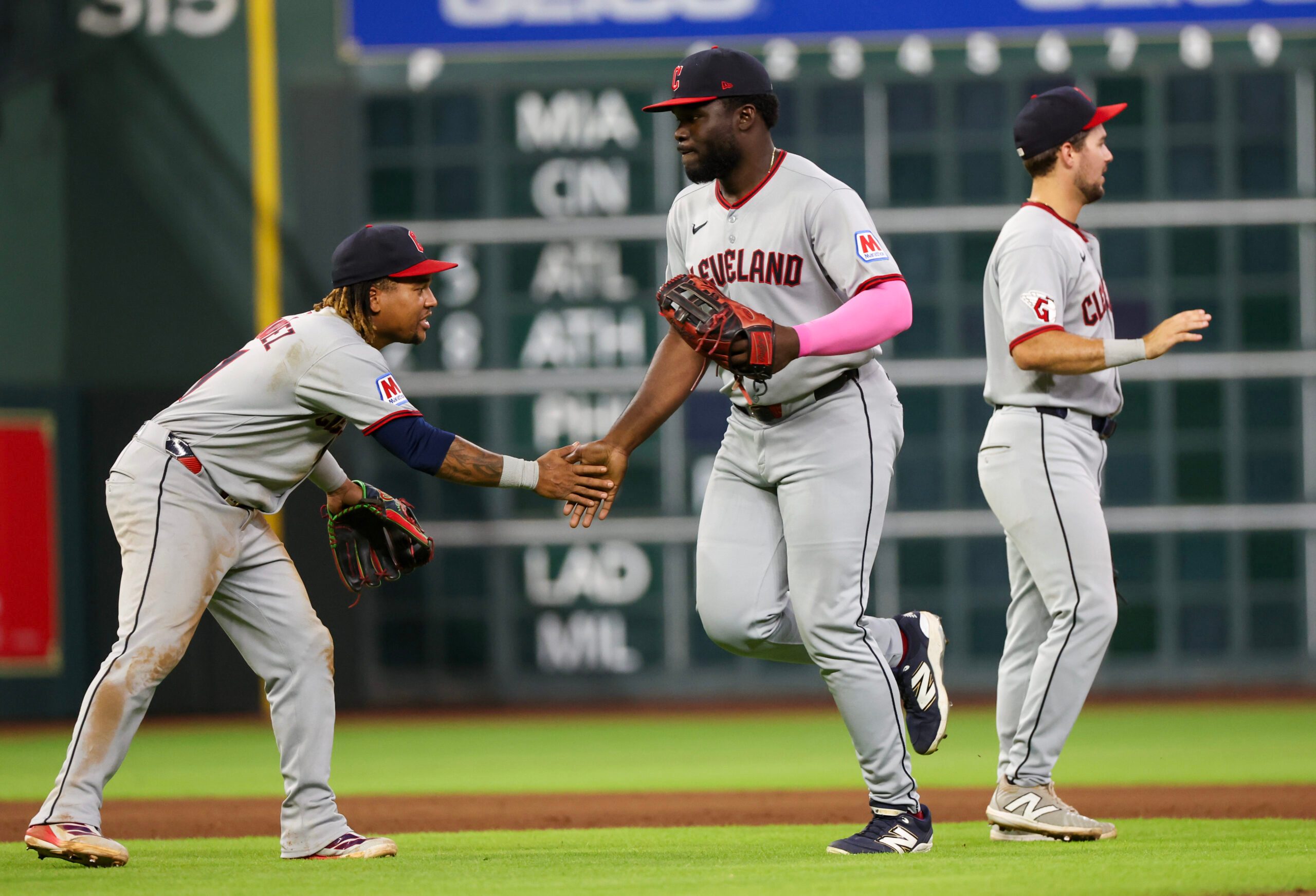 Jul 9, 2025; Houston, Texas, USA; Cleveland Guardians third baseman Jose Ramirez (11) celebrates with right fielder Jhonkensy Noel (43) after defeating the Houston Astros at Daikin Park. Mandatory Credit: Thomas Shea-Imagn Images