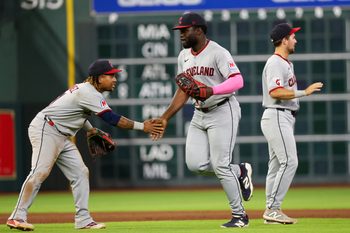 Jul 9, 2025; Houston, Texas, USA; Cleveland Guardians third baseman Jose Ramirez (11) celebrates with  right fielder Jhonkensy Noel (43) after defeating the Houston Astros  at Daikin Park. Mandatory Credit: Thomas Shea-Imagn Images