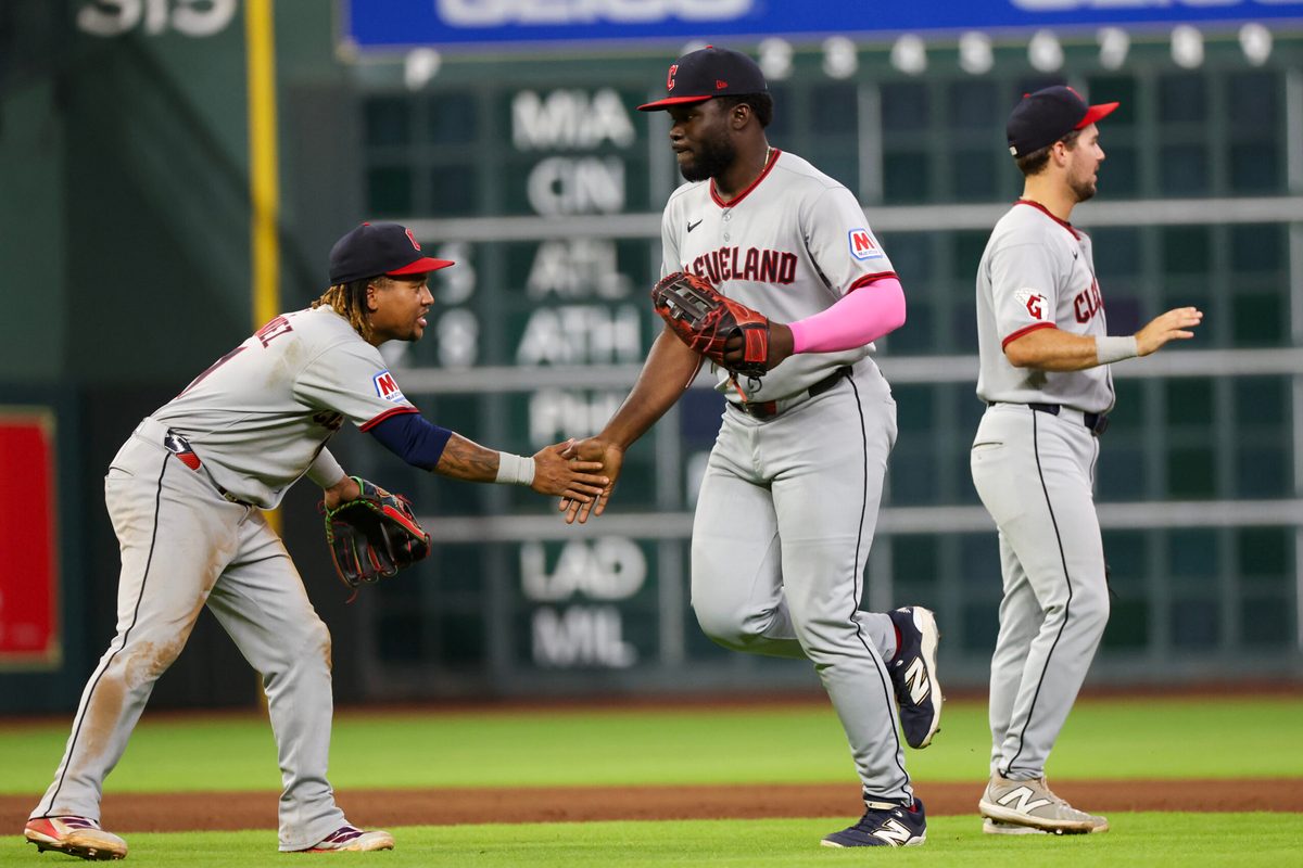 Jul 9, 2025; Houston, Texas, USA; Cleveland Guardians third baseman Jose Ramirez (11) celebrates with right fielder Jhonkensy Noel (43) after defeating the Houston Astros at Daikin Park. Mandatory Credit: Thomas Shea-Imagn Images