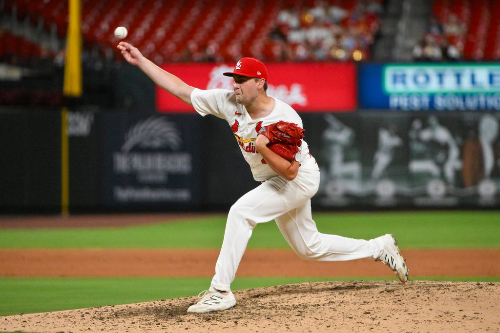 Jul 9, 2025; St. Louis, Missouri, USA; St. Louis Cardinals relief pitcher Matt Svanson (49) pitches against the Washington Nationals during the eighth inning at Busch Stadium. Mandatory Credit: Jeff Curry-Imagn Images