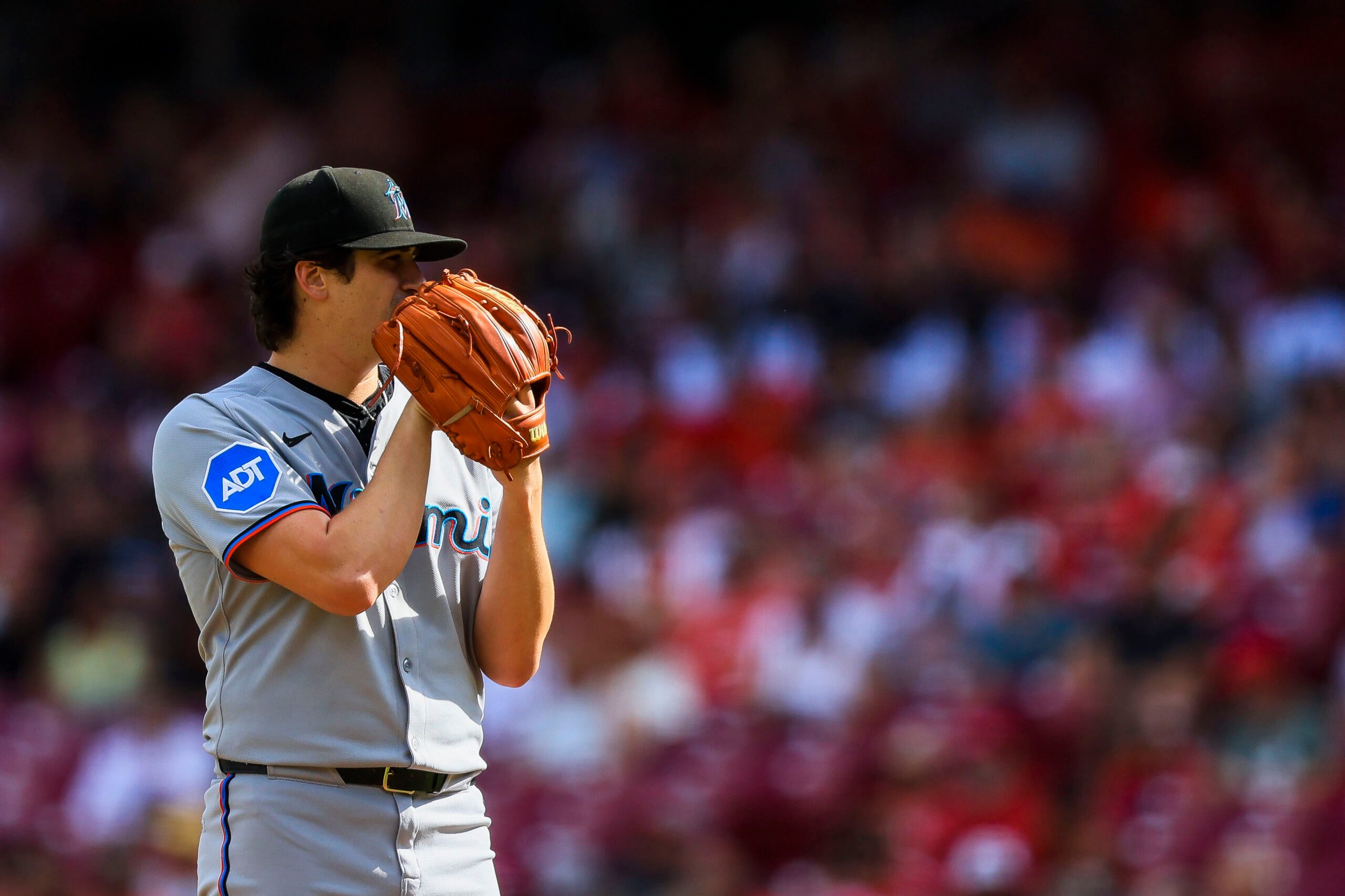 Jul 10, 2025; Cincinnati, Ohio, USA; Miami Marlins starting pitcher Cal Quantrill (47) prepares to pitch in the first inning against the Cincinnati Reds at Great American Ball Park. Mandatory Credit: Katie Stratman-Imagn Images