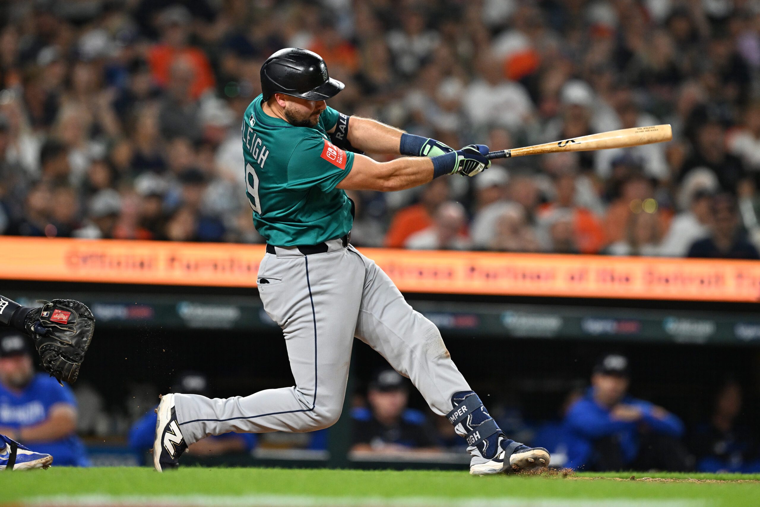 Jul 11, 2025; Detroit, Michigan, USA; Seattle Mariners designated hitter Cal Raleigh (29) hits a grand slam home run against the Detroit Tigers in the ninth inning at Comerica Park. Mandatory Credit: Lon Horwedel-Imagn Images