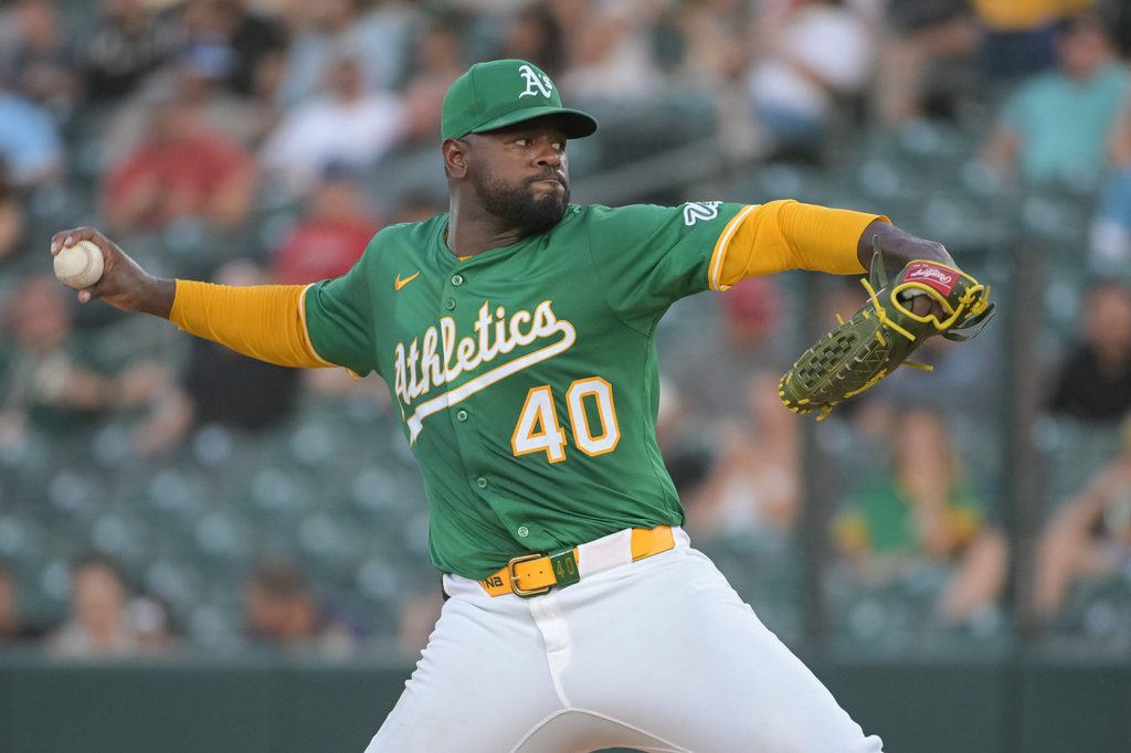 Jul 11, 2025; West Sacramento, California, USA; Athletics pitcher Luis Severino (40) throws a pitch against the Toronto Blue Jays during the third inning at Sutter Health Park. Mandatory Credit: Ed Szczepanski-Imagn Images