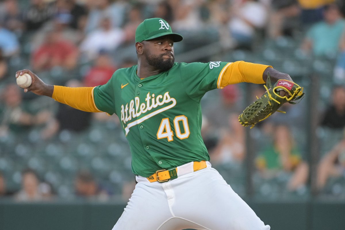 Jul 11, 2025; West Sacramento, California, USA; Athletics pitcher Luis Severino (40) throws a pitch against the Toronto Blue Jays during the third inning at Sutter Health Park. Mandatory Credit: Ed Szczepanski-Imagn Images