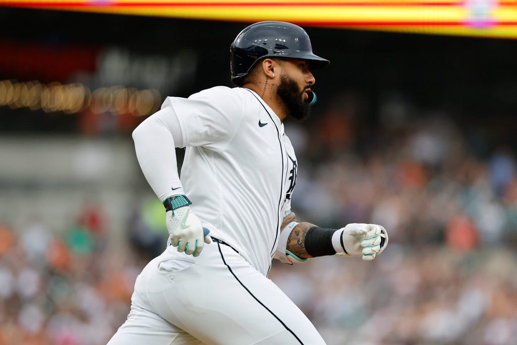 Jul 12, 2025; Detroit, Michigan, USA; Detroit Tigers second baseman Gleyber Torres (25) runs to first after he hits a double in the first inning against the Seattle Mariners at Comerica Park. Mandatory Credit: Rick Osentoski-Imagn Images