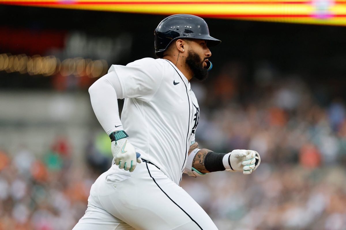 Jul 12, 2025; Detroit, Michigan, USA; Detroit Tigers second baseman Gleyber Torres (25) runs to first after he hits a double in the first inning against the Seattle Mariners at Comerica Park. Mandatory Credit: Rick Osentoski-Imagn Images