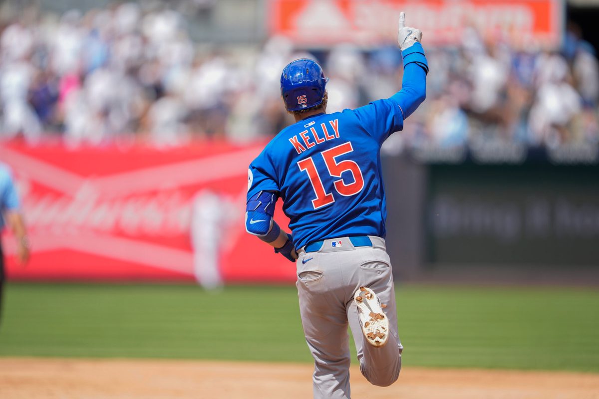 Jul 12, 2025; Bronx, New York, USA; Chicago Cubs catcher Carson Kelly (15) reacts to hitting a home run against the New York Yankees during the eighth inning at Yankee Stadium. Mandatory Credit: Gregory Fisher-Imagn Images
