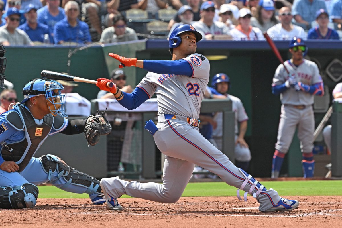 Jul 12, 2025; Kansas City, Missouri, USA; New York Mets designated hitter Juan Soto (22) hits a two-run home run in the fourth inning against the Kansas City Royals at Kauffman Stadium. Mandatory Credit: Peter Aiken-Imagn Images