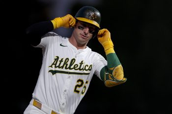 Jul 12, 2025; West Sacramento, California, USA; Athletics designated hitter Brent Rooker (25) reacts after hitting a two run home run against the Toronto Blue Jays during the fifth inning at Sutter Health Park. Mandatory Credit: Dennis Lee-Imagn Images