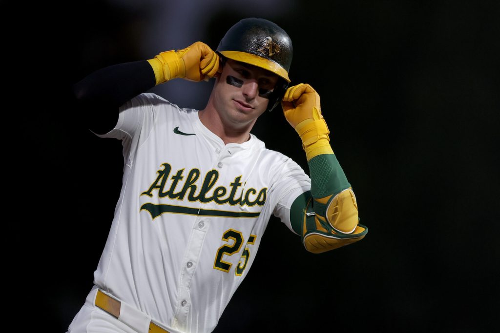 Jul 12, 2025; West Sacramento, California, USA; Athletics designated hitter Brent Rooker (25) reacts after hitting a two run home run against the Toronto Blue Jays during the fifth inning at Sutter Health Park. Mandatory Credit: Dennis Lee-Imagn Images