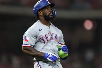 Jul 11, 2025; Houston, Texas, USA; Texas Rangers right fielder Adolis Garcia (53) reacts after a play during the game against the Houston Astros at Daikin Park. Mandatory Credit: Troy Taormina-Imagn Images