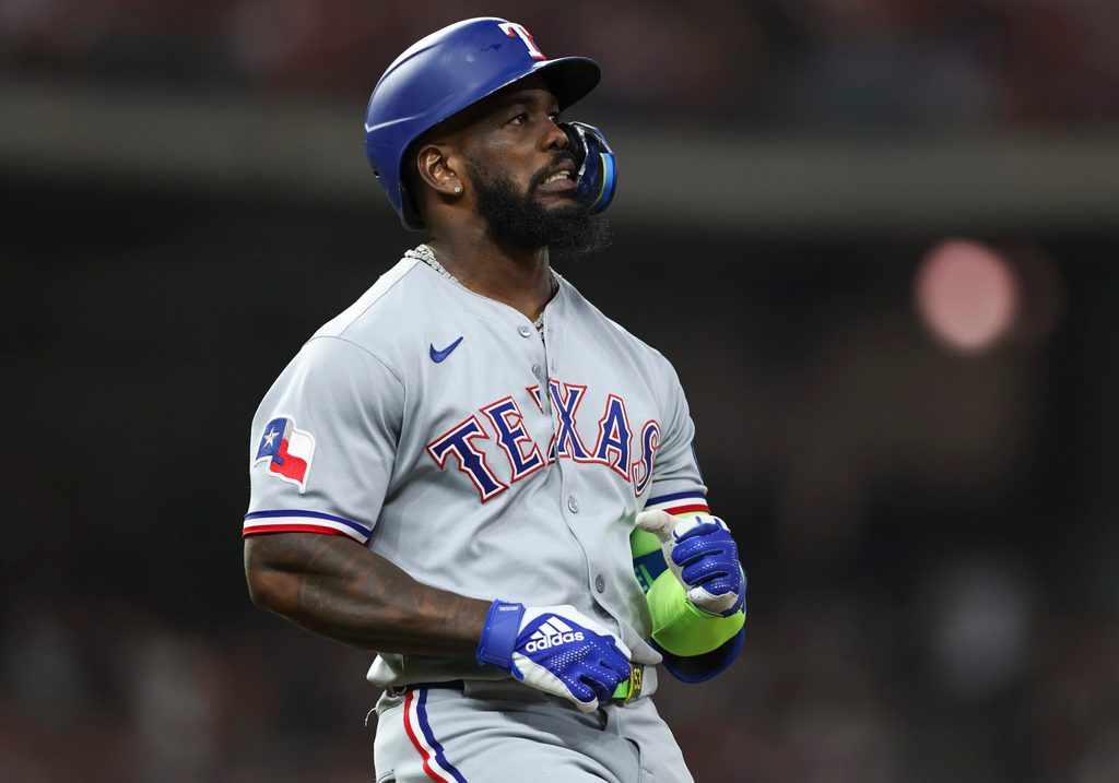 Jul 11, 2025; Houston, Texas, USA; Texas Rangers right fielder Adolis Garcia (53) reacts after a play during the game against the Houston Astros at Daikin Park. Mandatory Credit: Troy Taormina-Imagn Images