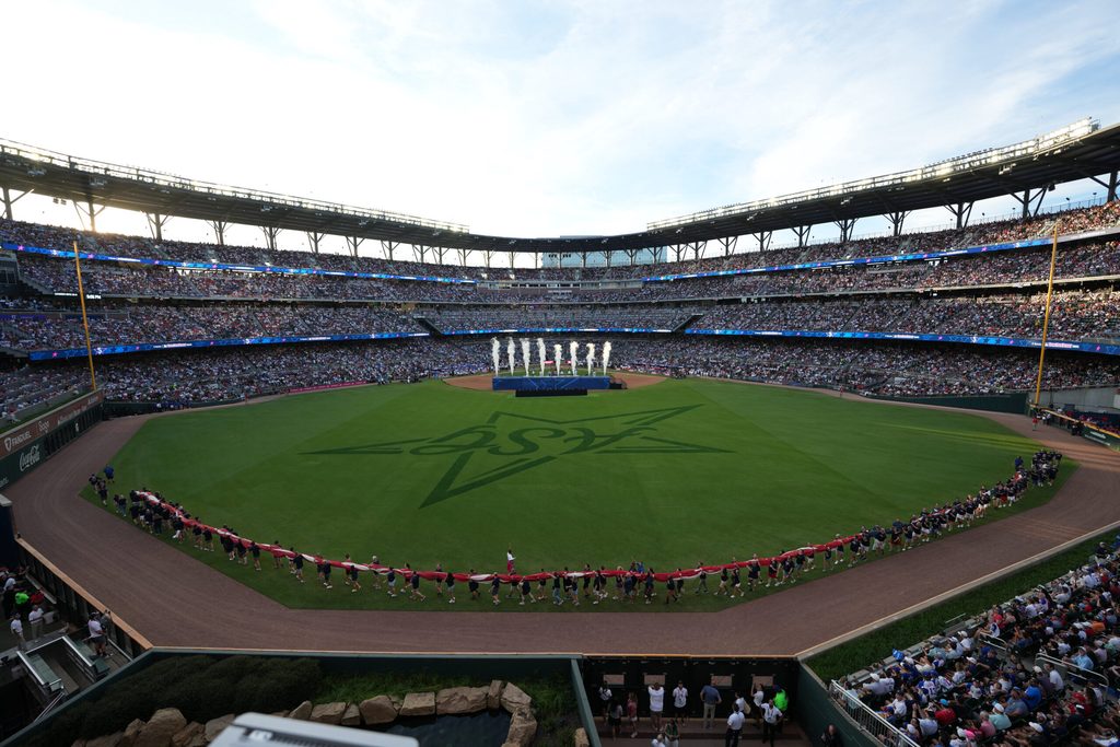 Jul 14, 2025; Atlanta, GA, USA; The National Anthem during the 2025 Home Run Derby at Truist Park. Mandatory Credit: Dale Zanine-Imagn Images