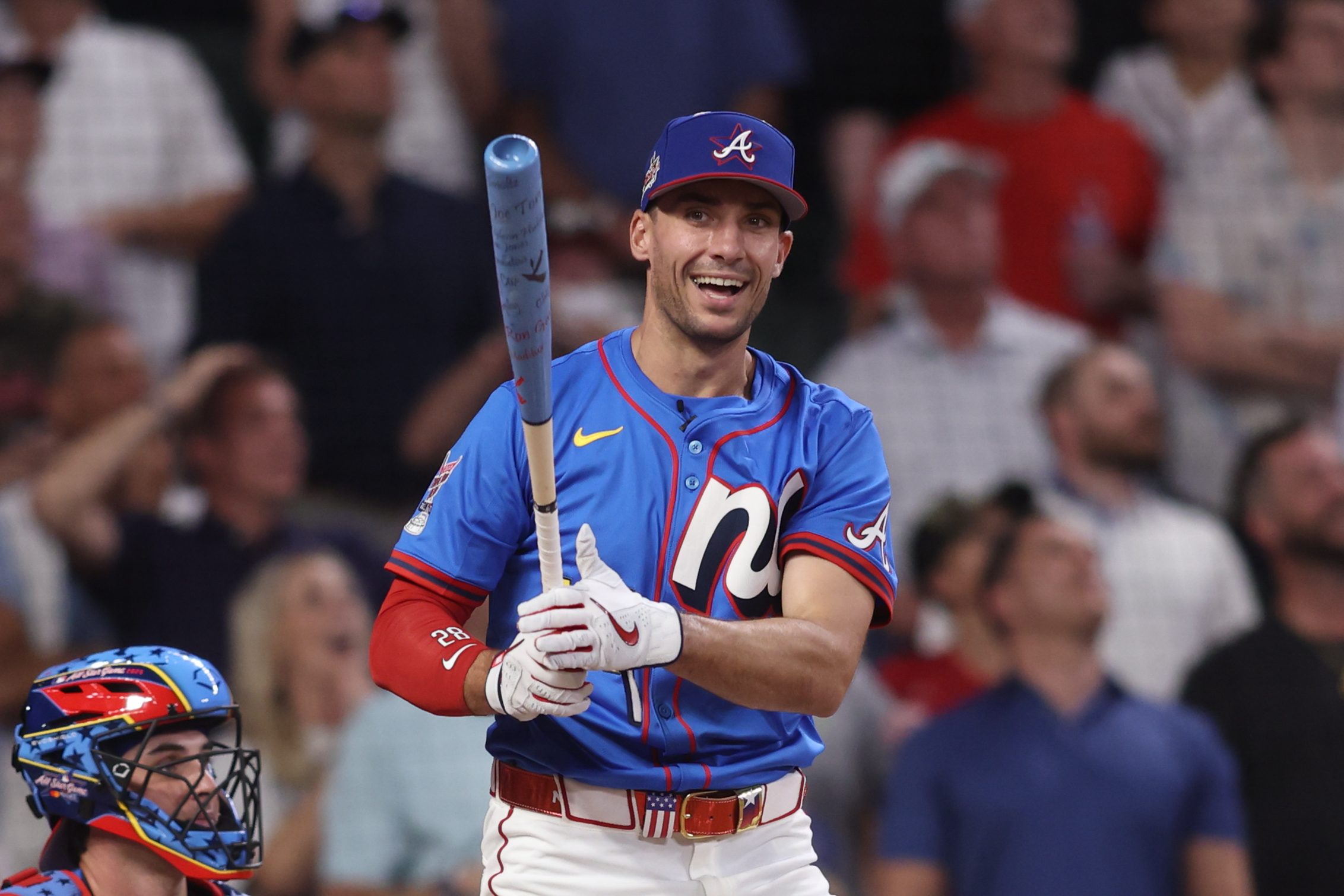 Jul 14, 2025; Atlanta, GA, USA; National League first baseman Matt Olson (28) of the Atlanta Braves during the 2025 Home Run Derby at Truist Park. Mandatory Credit: Brett Davis-Imagn Images