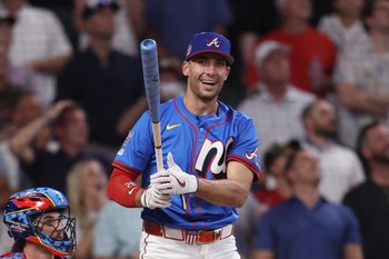 Jul 14, 2025; Atlanta, GA, USA; National League first baseman Matt Olson (28) of the Atlanta Braves during the 2025 Home Run Derby at Truist Park. Mandatory Credit: Brett Davis-Imagn Images