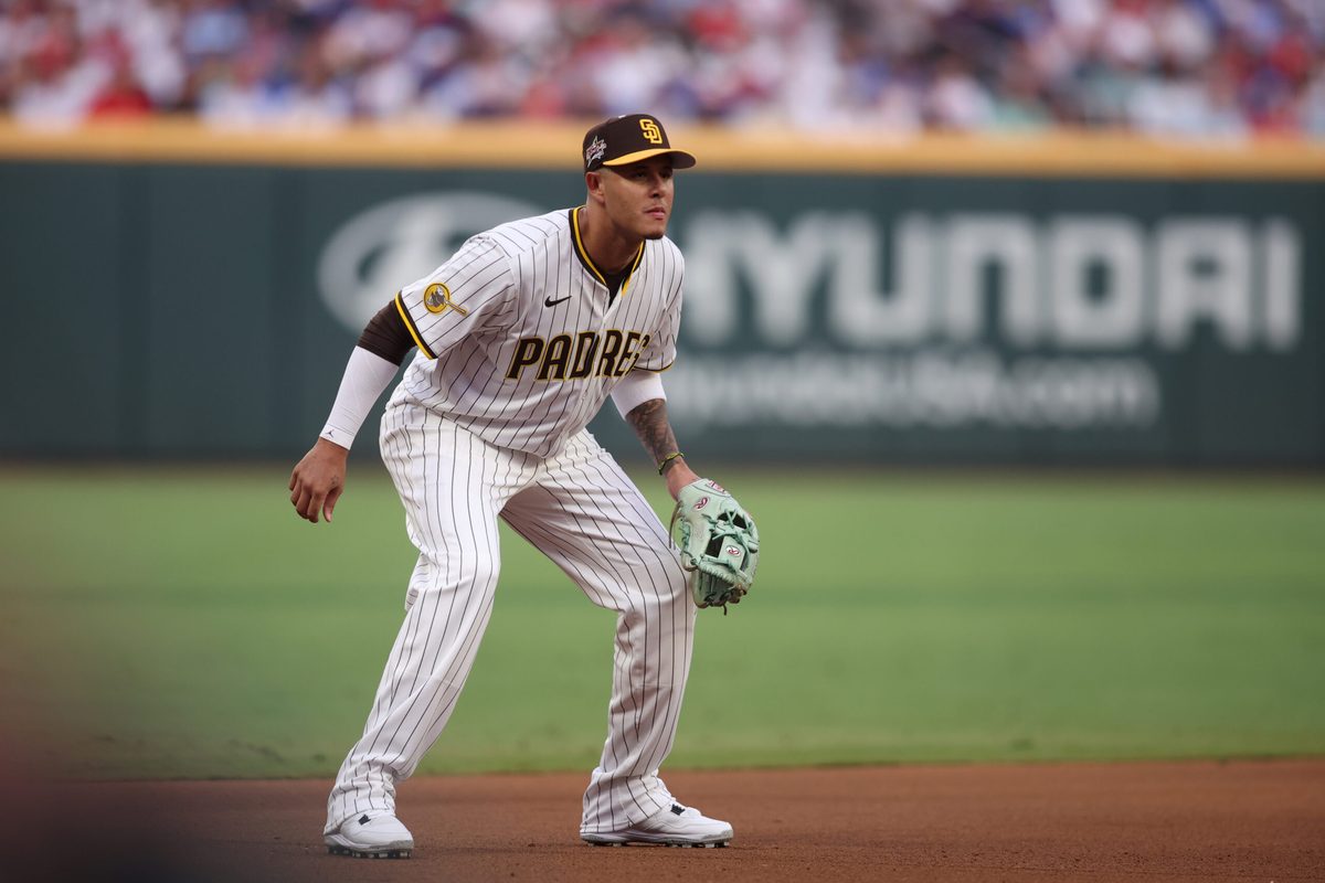Jul 15, 2025; Cumberland, Georgia, USA; National League third baseman Manny Machado (13) of the San Diego Padres looks on during the 2025 MLB All Star Game at Truist Park. Mandatory Credit: Brett Davis-Imagn Images