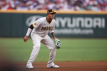 Jul 15, 2025; Cumberland, Georgia, USA; National League third baseman Manny Machado (13) of the San Diego Padres looks on during the 2025 MLB All Star Game at Truist Park. Mandatory Credit: Brett Davis-Imagn Images