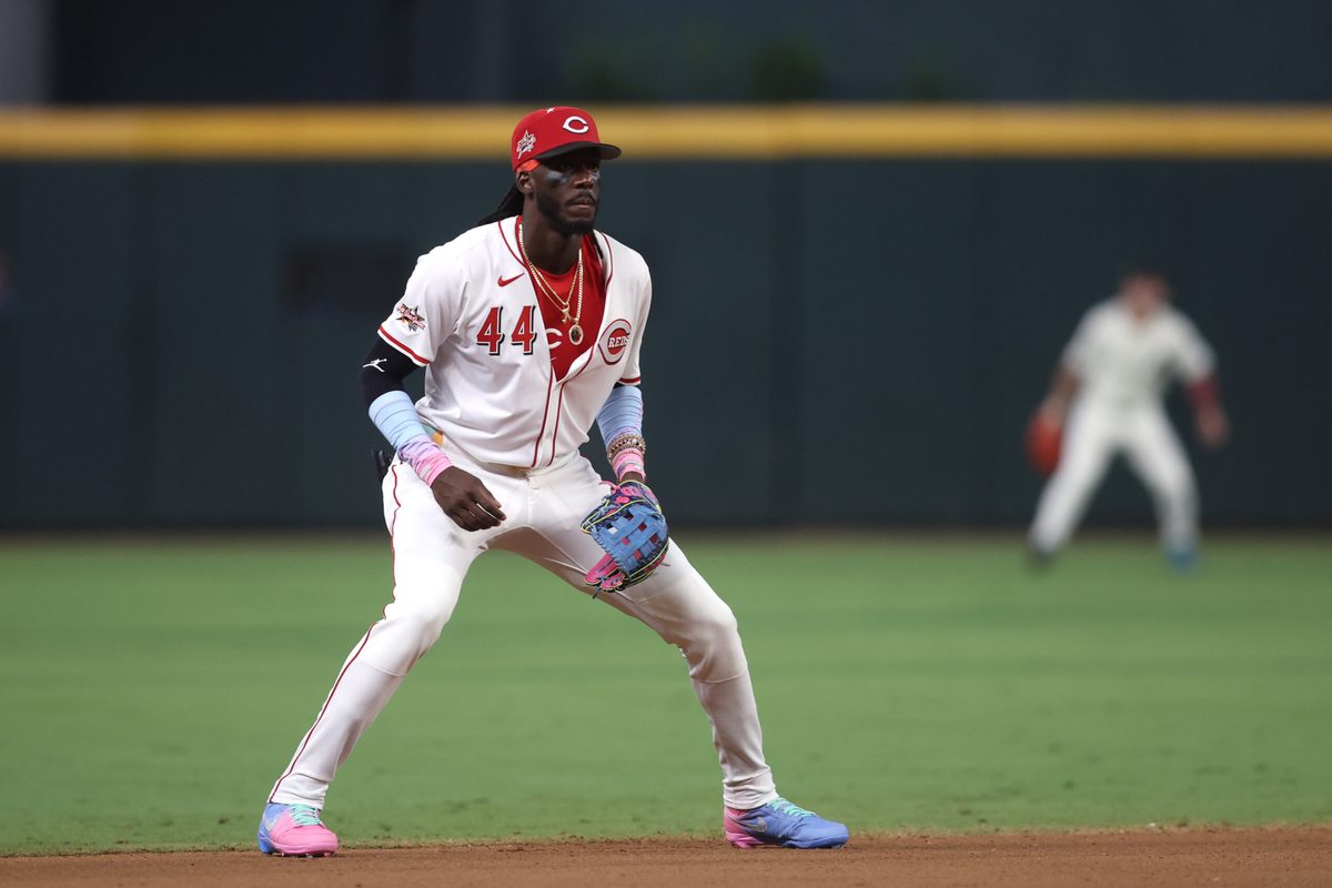 Jul 15, 2025; Cumberland, Georgia, USA; National League shortstop Elly De La Cruz (44) of the Cincinnati Reds in the sixth inning during the 2025 MLB All Star Game at Truist Park. Mandatory Credit: Brett Davis-Imagn Images