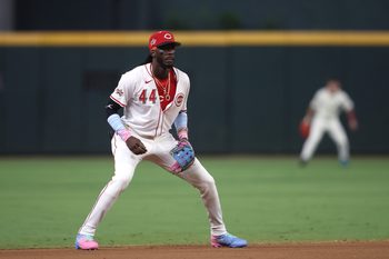 Jul 15, 2025; Cumberland, Georgia, USA; National League shortstop Elly De La Cruz (44) of the Cincinnati Reds in the sixth inning during the 2025 MLB All Star Game at Truist Park. Mandatory Credit: Brett Davis-Imagn Images