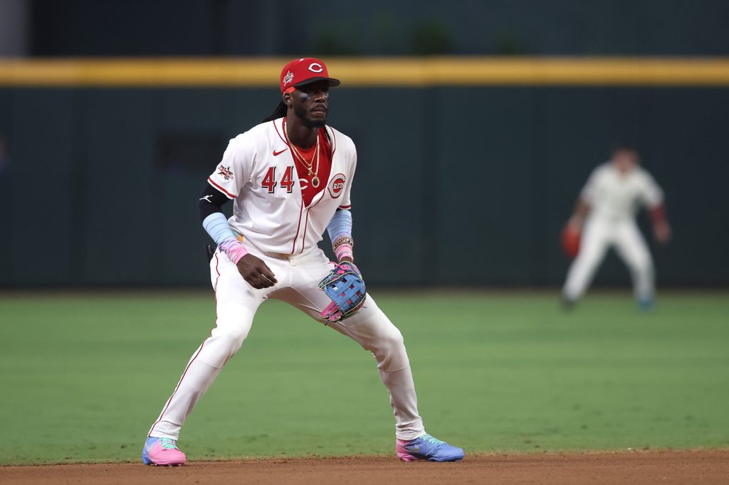 Jul 15, 2025; Cumberland, Georgia, USA; National League shortstop Elly De La Cruz (44) of the Cincinnati Reds in the sixth inning during the 2025 MLB All Star Game at Truist Park. Mandatory Credit: Brett Davis-Imagn Images