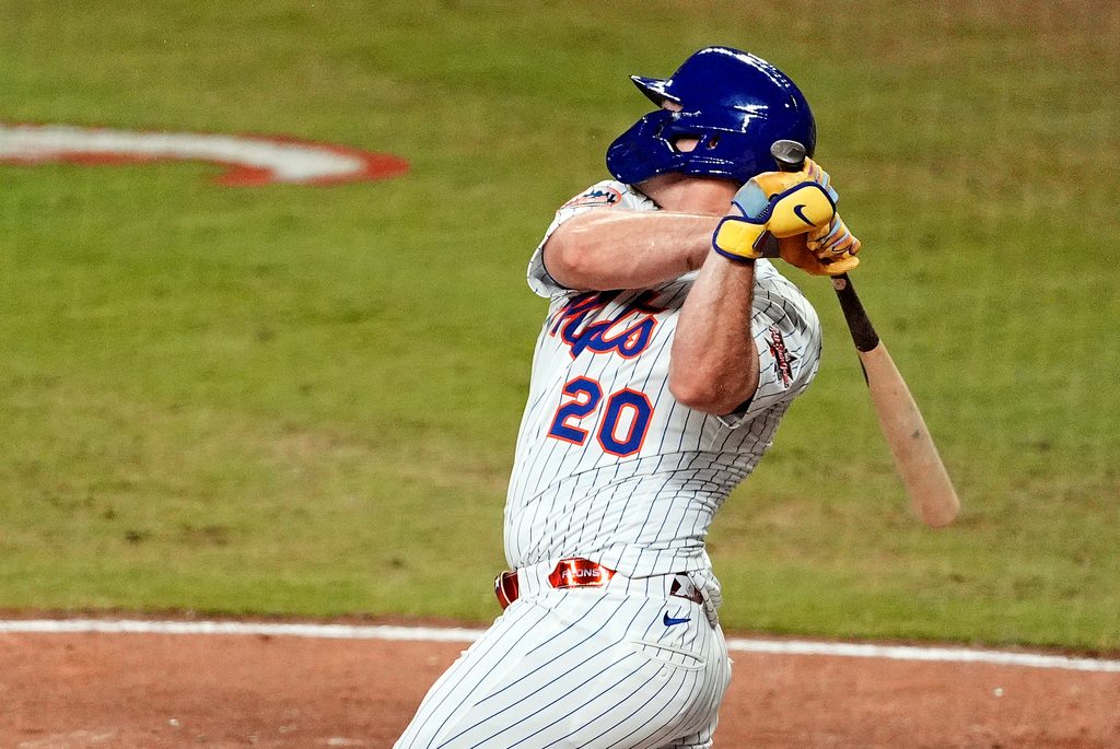 Jul 15, 2025; Cumberland, Georgia, USA; National League first baseman Pete Alonso (20) of the New York Mets hits a three run home run during the sixth inning during the 2025 MLB All Star Game at Truist Park. Mandatory Credit: Dale Zanine-Imagn Images