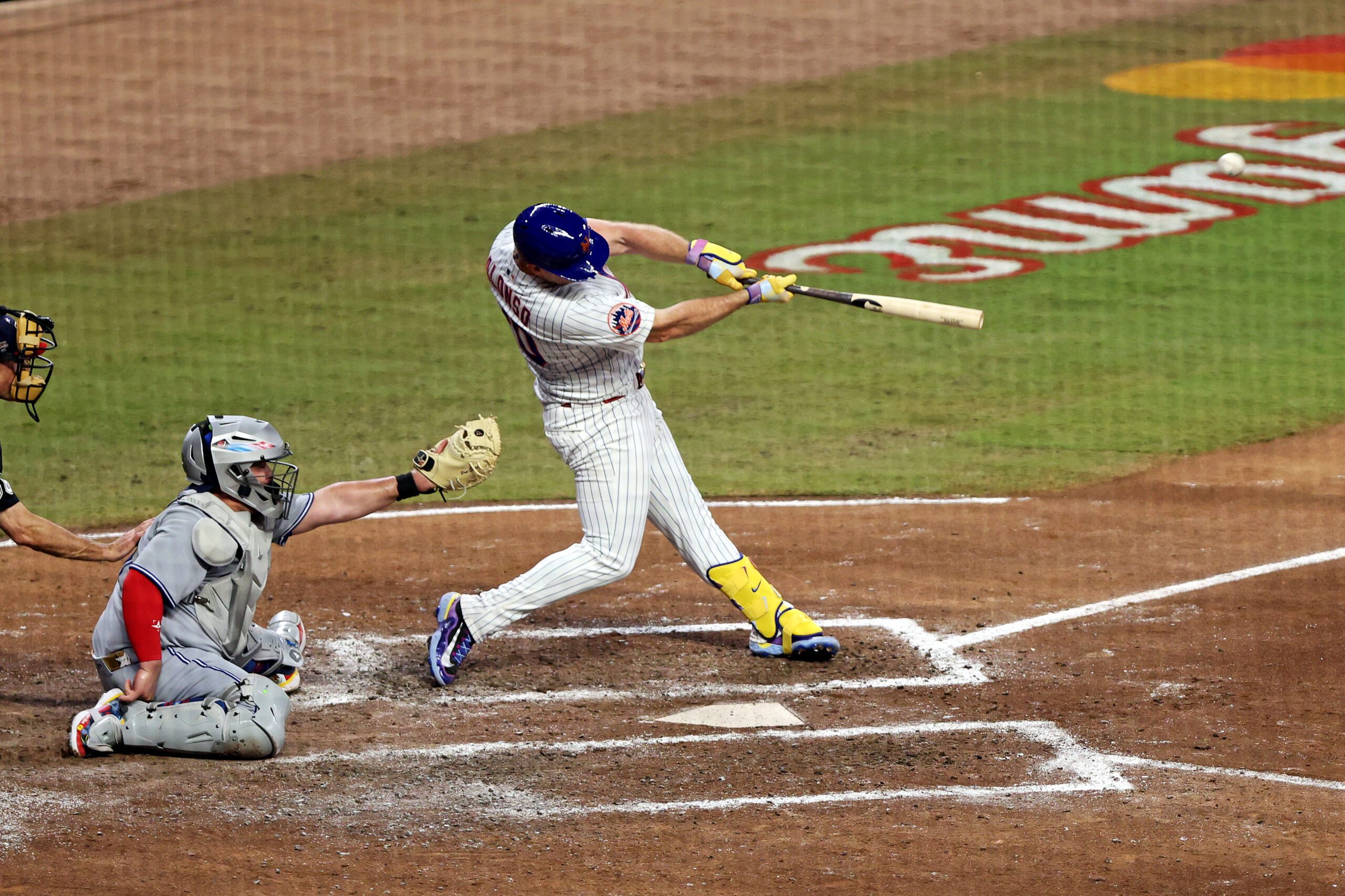 Jul 15, 2025; Cumberland, Georgia, USA; National League first baseman Pete Alonso (20) of the New York Mets hits a three run home run during the sixth inning during the 2025 MLB All Star Game at Truist Park. Mandatory Credit: Jordan Godfree-Imagn Images