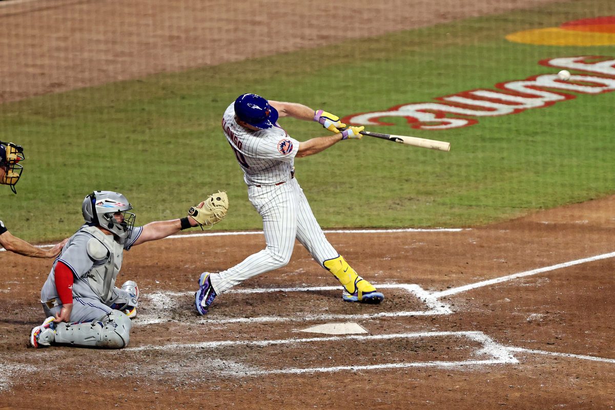 Jul 15, 2025; Cumberland, Georgia, USA; National League first baseman Pete Alonso (20) of the New York Mets hits a three run home run during the sixth inning during the 2025 MLB All Star Game at Truist Park. Mandatory Credit: Jordan Godfree-Imagn Images