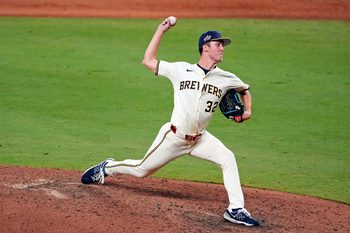 Jul 15, 2025; Cumberland, Georgia, USA; National League pitcher Jacob
Misiorowski of the Milwaukee Brewers pitches  during the eighth inning during the 2025 MLB All Star Game at Truist Park. Mandatory Credit: Dale Zanine-Imagn Images