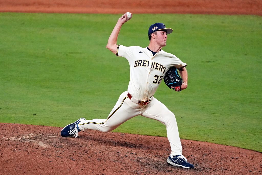 Jul 15, 2025; Cumberland, Georgia, USA; National League pitcher Jacob
Misiorowski of the Milwaukee Brewers pitches during the eighth inning during the 2025 MLB All Star Game at Truist Park. Mandatory Credit: Dale Zanine-Imagn Images