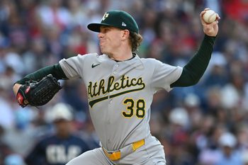 Jul 18, 2025; Cleveland, Ohio, USA; Athletics starting pitcher JP Sears (38) throws a pitch during the first inning against the Cleveland Guardians at Progressive Field. Mandatory Credit: Ken Blaze-Imagn Images